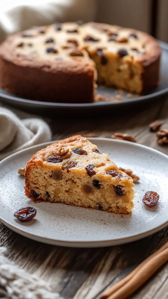 A slice of moist and spiced cake from an applesauce cake recipe, served on a ceramic plate with visible walnuts and raisins in natural light.