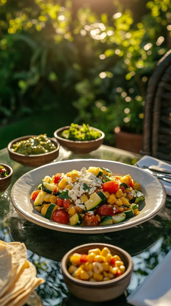 Calabacitas dish with sautéed zucchini, corn, tomatoes, and green chiles, topped with fresh cilantro and cheese, served on a plate outdoors in natural light.