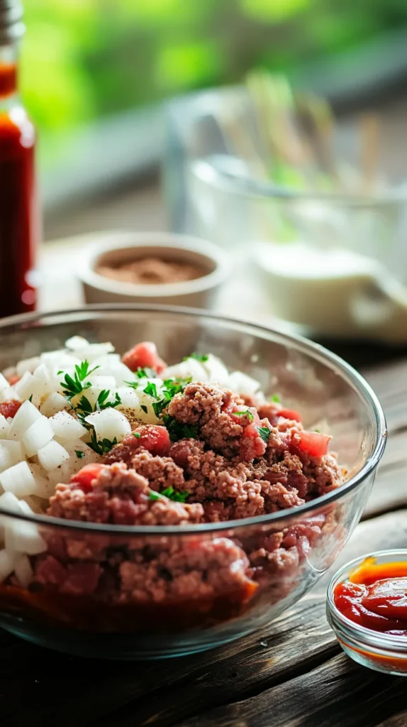 Bowl with raw ground beef, breadcrumbs, eggs, onion, and seasoning being prepared for a smoked meatloaf recipe on a rustic wooden countertop