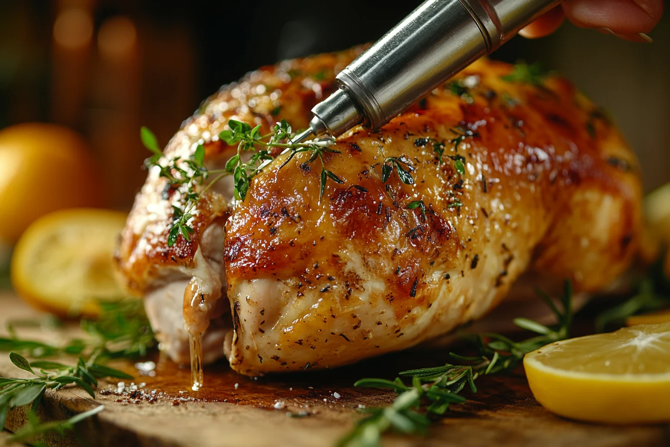 Golden roasted turkey prepared using a turkey injection recipe, garnished with herbs and citrus, presented on a rustic platter in warm natural lighting