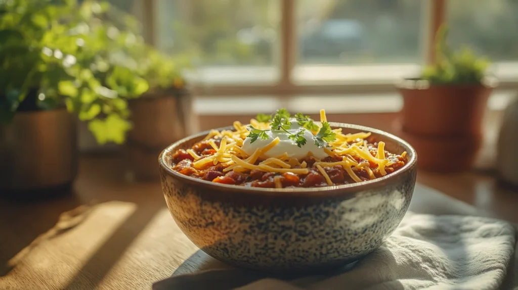 Hearty venison chili topped with cheese and fresh herbs, served in a rustic bowl, perfect for a comforting homemade meal